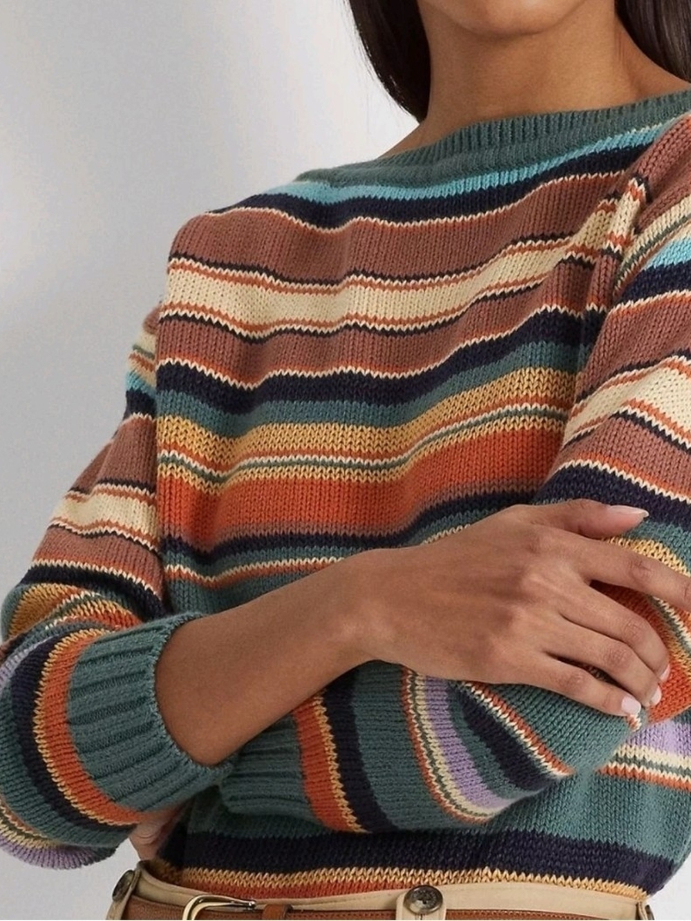 Lauren Ralph Lauren Womens Striped Cotton-Linen Boat neck Sweater Multi color L